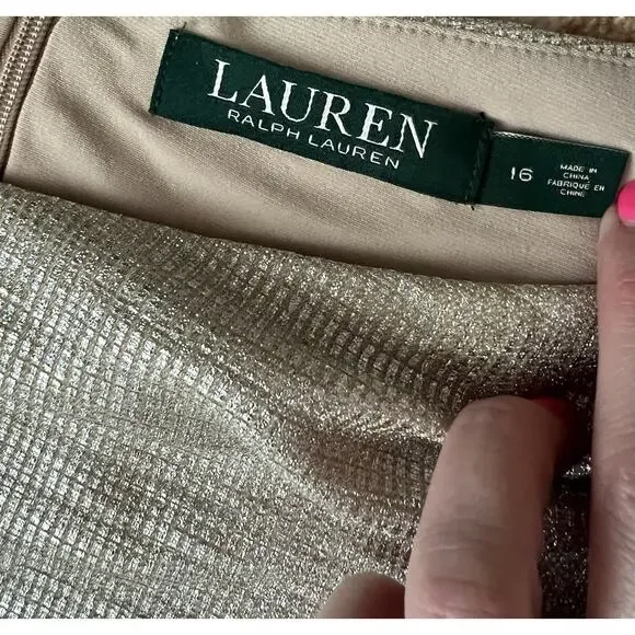 LAUREN RALPH LAUREN Plus Metallic Champagne Faux Wrap Cowl Neck Sheath Dress 16 - Picture 9 of 12